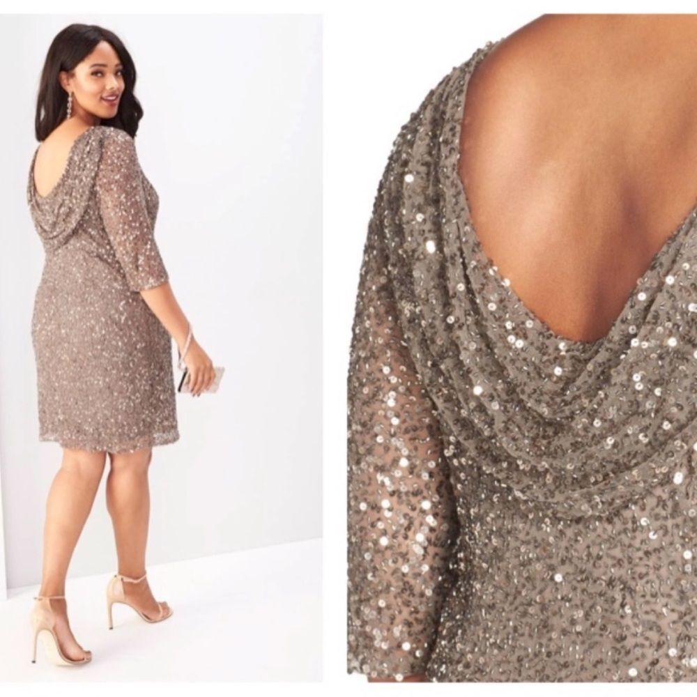 Pisarro Nights Draped Back‎ Sequin Beaded Dress Mocha 20W